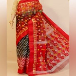 Brand New Red, White, Gold on Black Ethnic Bengal Handloom Cotton Jamdani Saree